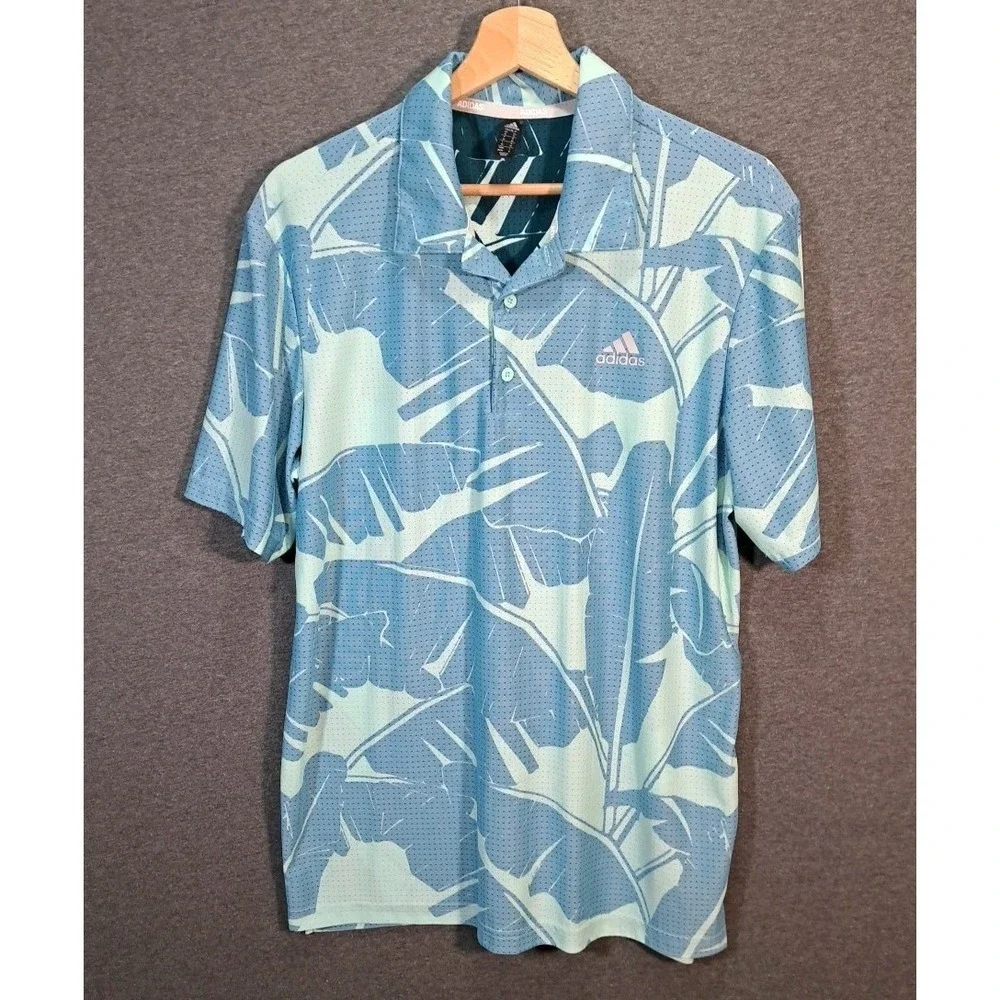 Adidas Golf Mens Blue Tropical Banana Leaf Print Performance‎ Polo Shirt Size M